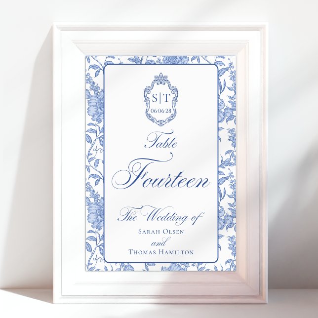Crest Monogram Blue Floral Script Fourteen Table Number (Creator Uploaded)