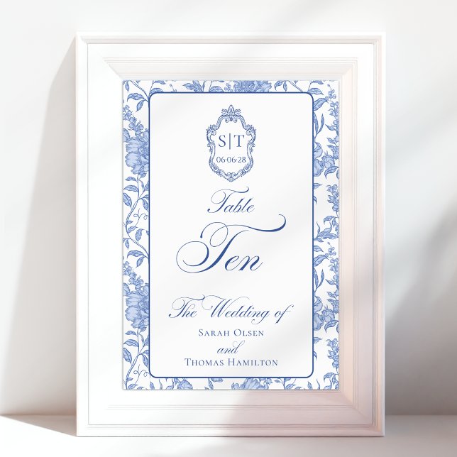 Crest Monogram Blue Floral Script TEN Table Number (Creator Uploaded)