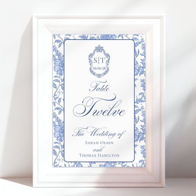 Crest Monogram Blue Floral Script Twelve Table Number (Creator Uploaded)