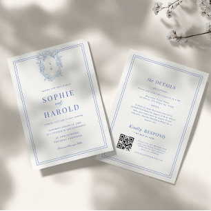 Crest Monogram Blue French All in One Wedding Invitation