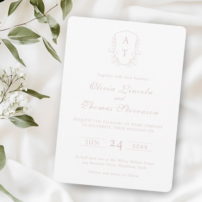 Crest Monogram Blush Pink Wedding Invitation (Creator Uploaded)