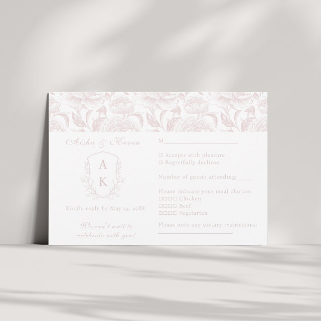Crest Monogram Blush Pink Wedding landscape RSVP Card (Creator Uploaded)