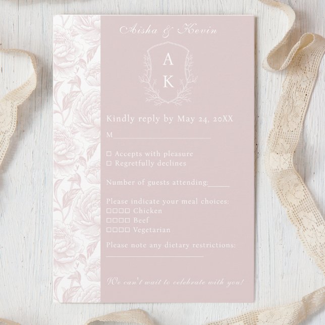 Crest Monogram Blush Pink Wedding RSVP Card (Creator Uploaded)