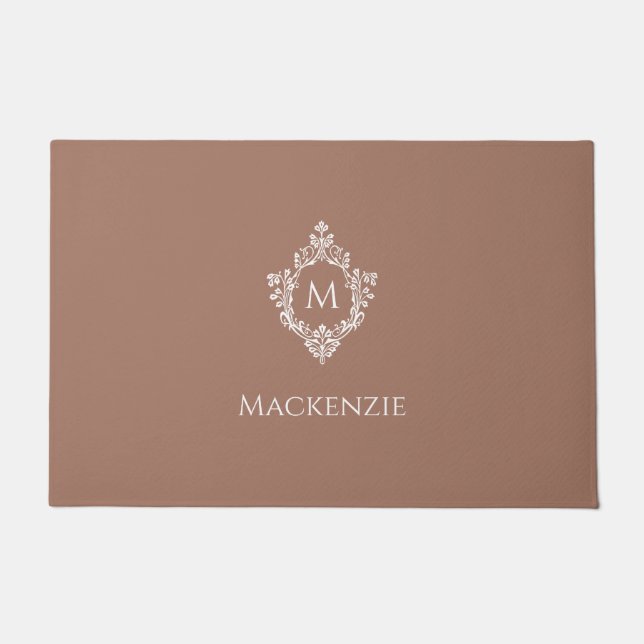 Crest Monogram Brown White Initial & Name elegant  Doormat (Front)