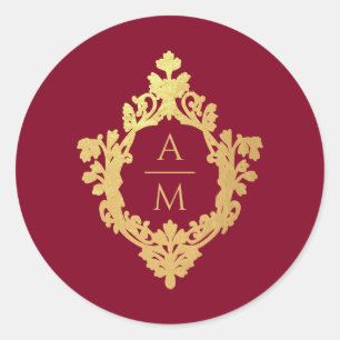 Crest Monogram Burgundy Faux Gold Vintage Wedding Classic Round Sticker