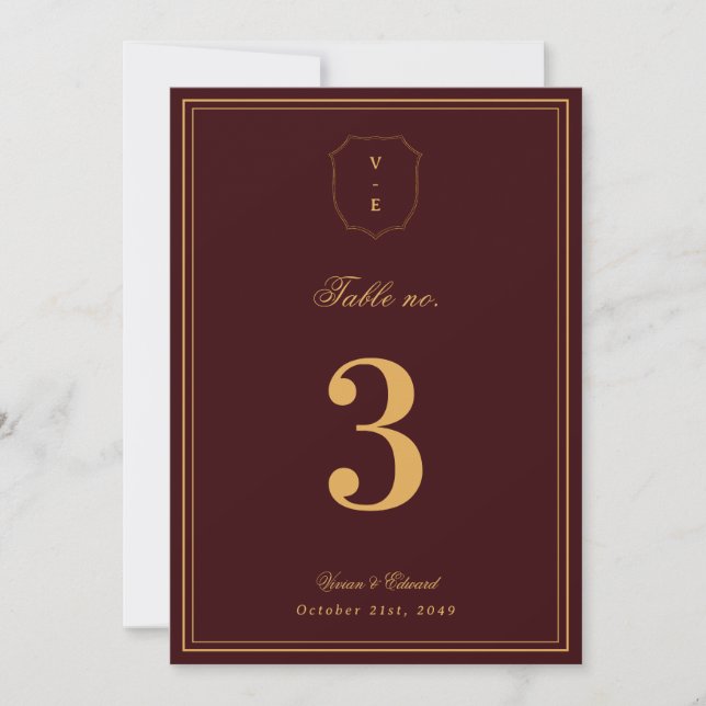 Crest Monogram Burgundy Gold Wedding Table Number (Front)