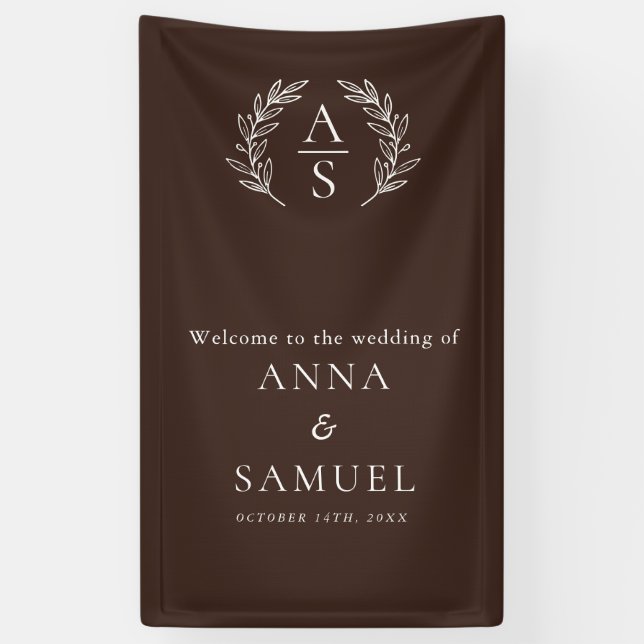 Crest Monogram Chocolate Brown and White Wedding Banner (Vertical)