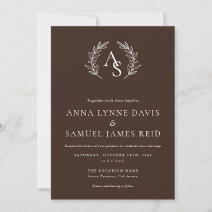 Crest Monogram Chocolate Brown and White Wedding Invitation