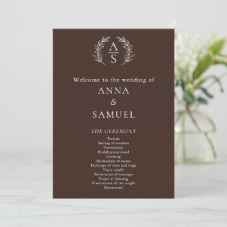 Crest Monogram Chocolate Brown and White Wedding Programme