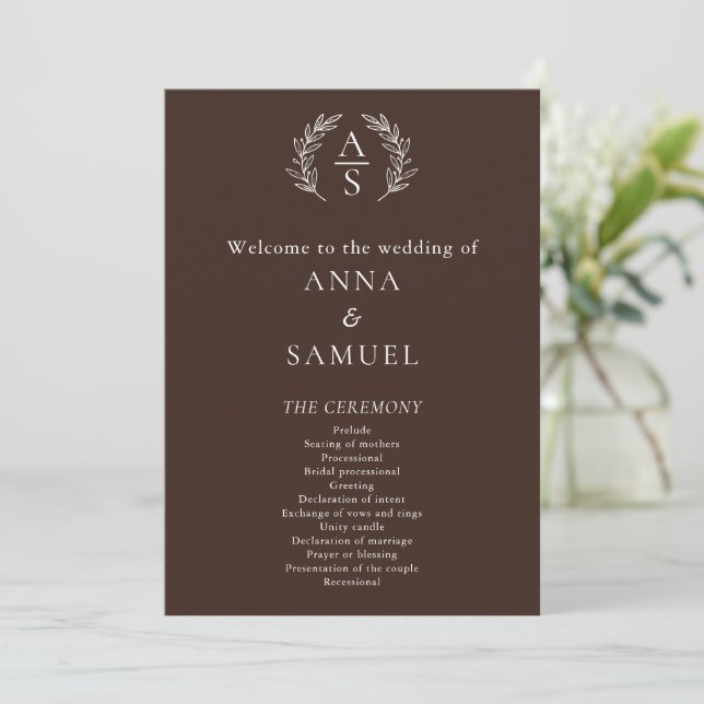 Crest Monogram Chocolate Brown and White Wedding Programme (Standing Front)