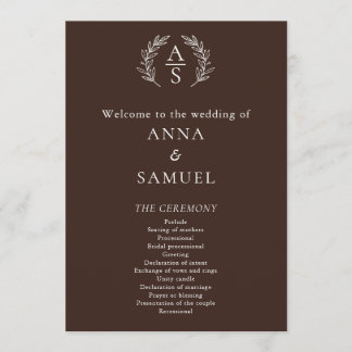 Crest Monogram Chocolate Brown and White Wedding Programme