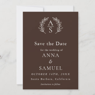 Crest Monogram Chocolate Brown and White Wedding Save The Date