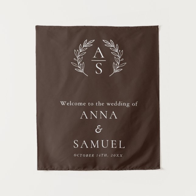 Crest Monogram Chocolate Brown and White Wedding Tapestry (Front)