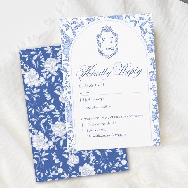 Crest Monogram Delft Blue Floral Script RSVP Card (Creator Uploaded)