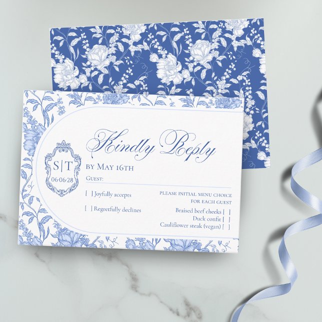 Crest Monogram Delft Blue Floral Script RSVP Card (Creator Uploaded)