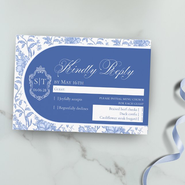 Crest Monogram Delft Blue Floral Script RSVP Card (Creator Uploaded)