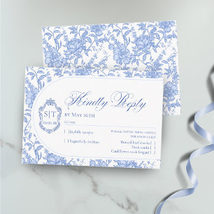 Crest Monogram Delft Blue Floral Script RSVP Card