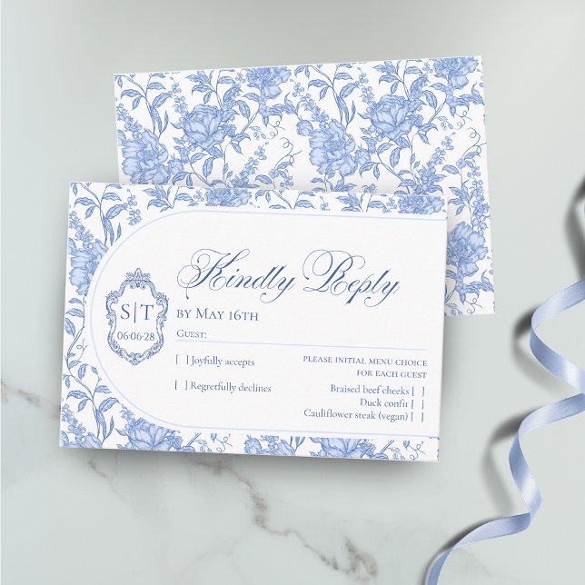 Crest Monogram Delft Blue Floral Script RSVP Card (Creator Uploaded)