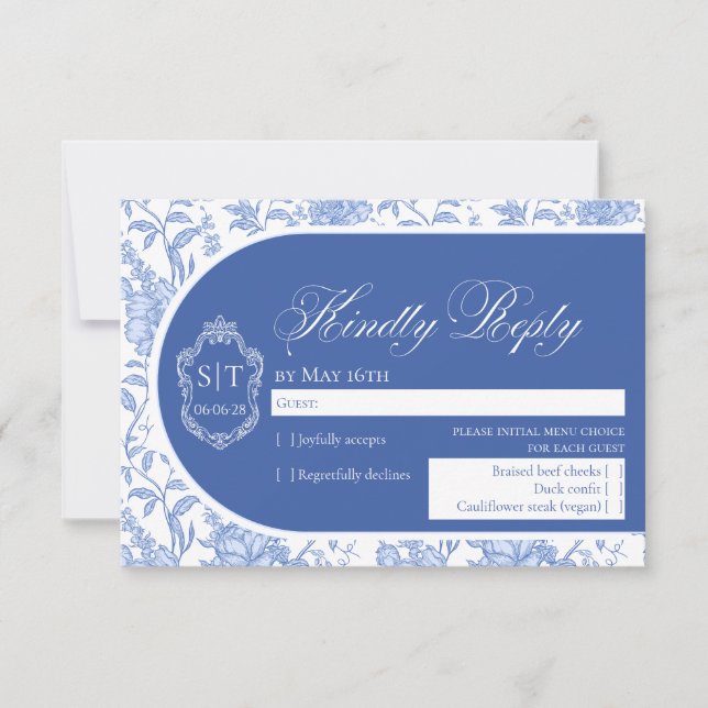 Crest Monogram Delft Blue Floral Script RSVP Card (Front)