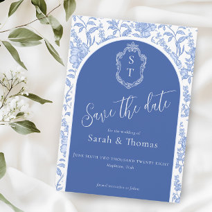 Crest Monogram Delft Blue Floral Script Save The Date