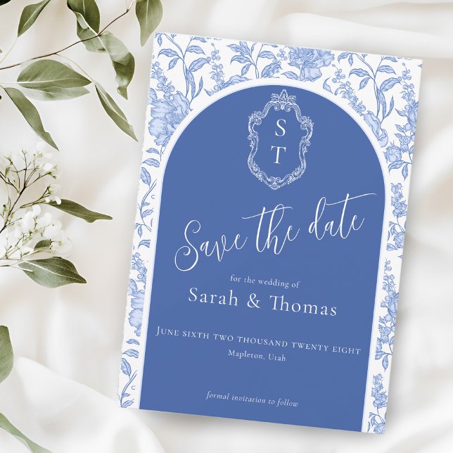 Crest Monogram Delft Blue Floral Script Save The Date (Creator Uploaded)