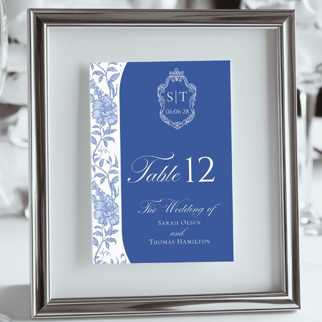 Crest Monogram Delft Blue Floral Script Table Number (Creator Uploaded)