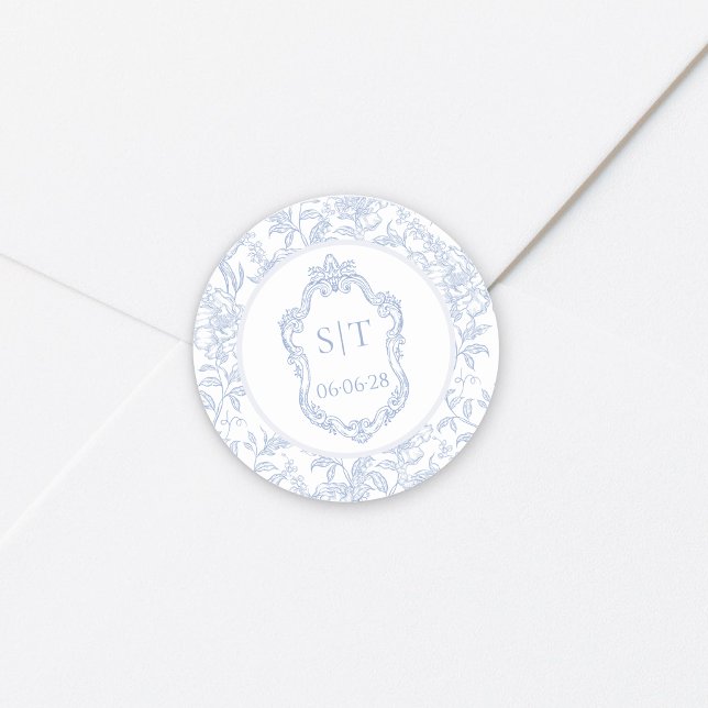 Crest Monogram Dusty Blue Floral Wedding Classic Round Sticker (Creator Uploaded)