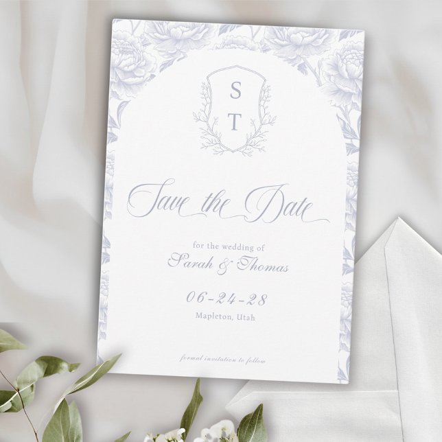 Crest Monogram Dusty Blue Script Save The Date (Crest Save The Date Formal Card dusty blue)