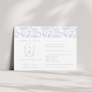 Crest Monogram Dusty Blue Wedding landscape RSVP Card