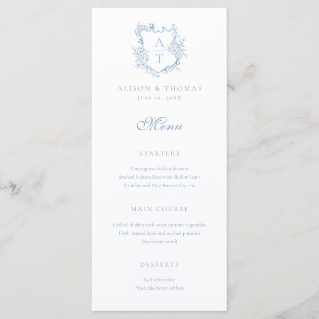 Crest Monogram Dusty Blue Wedding Menu (Front)