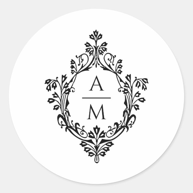 Crest Monogram Elegant Black and White Wedding  Classic Round Sticker (Front)