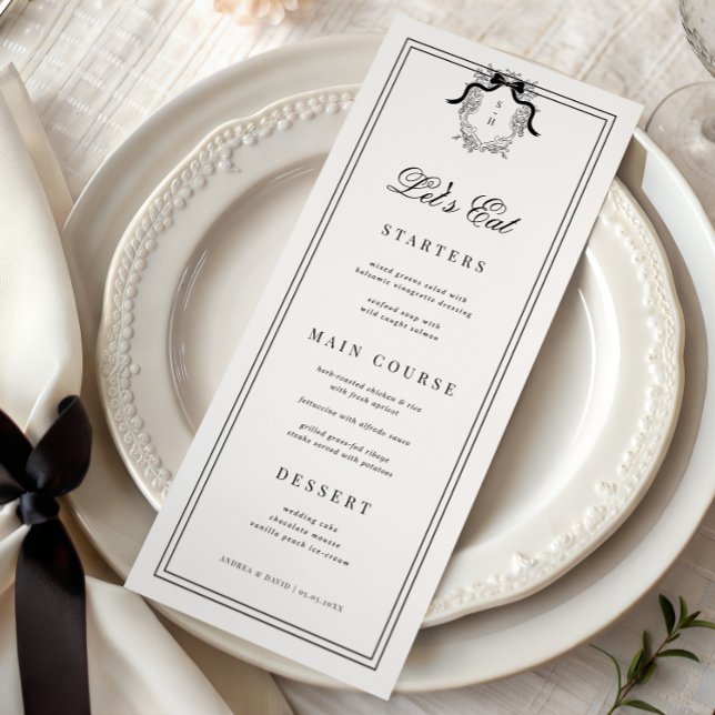 Crest Monogram French Bow Let's Eat White Wedding Menu (Creator Uploaded)