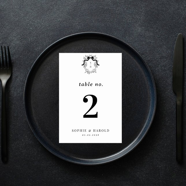 Crest Monogram French Coquette Bow Formal Wedding Table Number (Creator Uploaded)