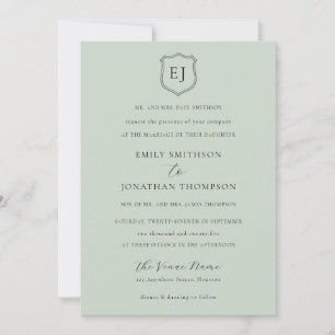 Crest Monogram Initials Sage Green Formal Wedding Invitation