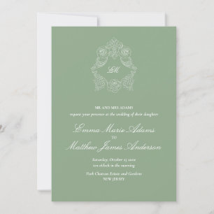 Crest Monogram Logo Sage Green Wedding Invitation