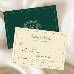 Crest monogram meal choice emerald green wedding RSVP card