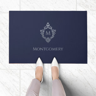 Crest Monogram Navy Blue Faux Silver Vintage Name Doormat