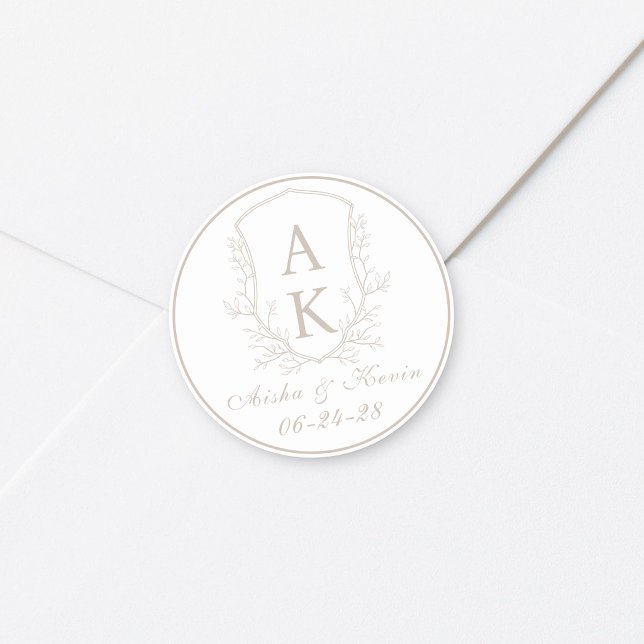 Crest Monogram Pale Taupe Wedding Classic Round Sticker (Creator Uploaded)