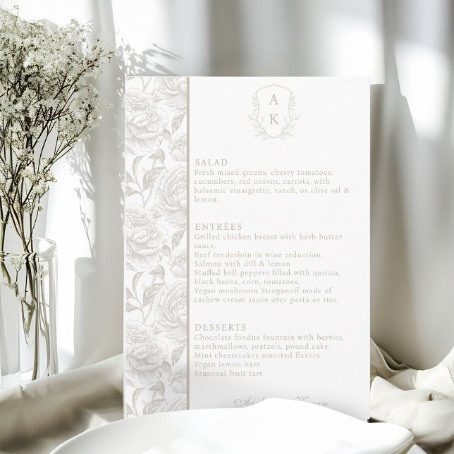 Crest Monogram Pale Taupe Wedding Menu Card (Creator Uploaded)