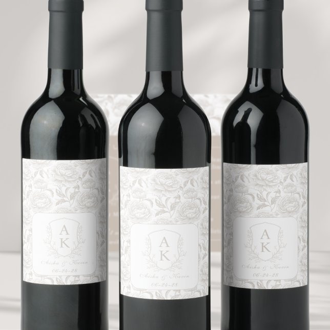 Crest Monogram Pale Taupe Wedding Wine Label (Creator Uploaded)