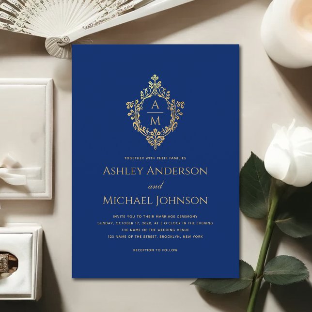 Crest Monogram Royal Blue Faux Gold Foil Wedding Invitation (Creator Uploaded)