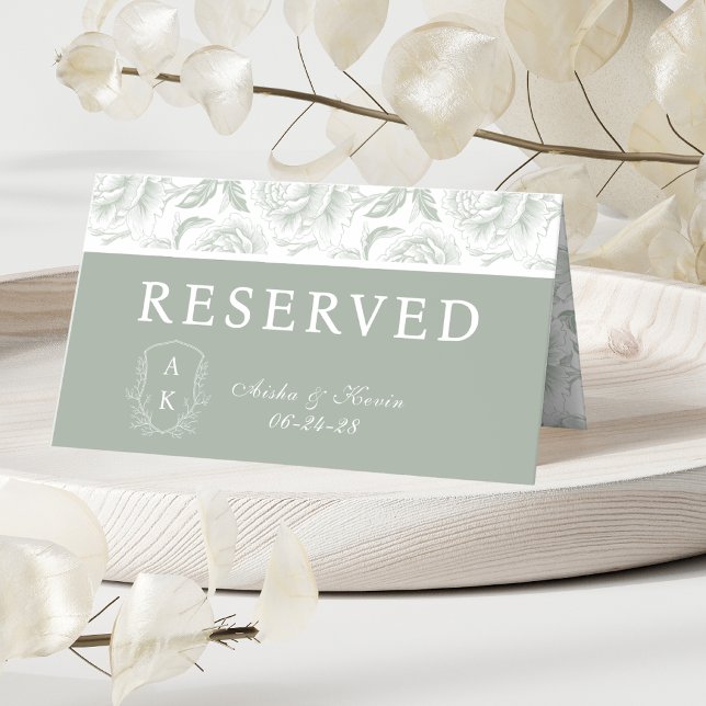 Crest Monogram Sage Green Peony Reserved Place Card (Creator Uploaded)