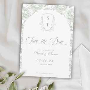 Crest Monogram Sage Green Script Save The Date