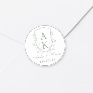 Crest Monogram Sage Green Wedding Classic Round Sticker