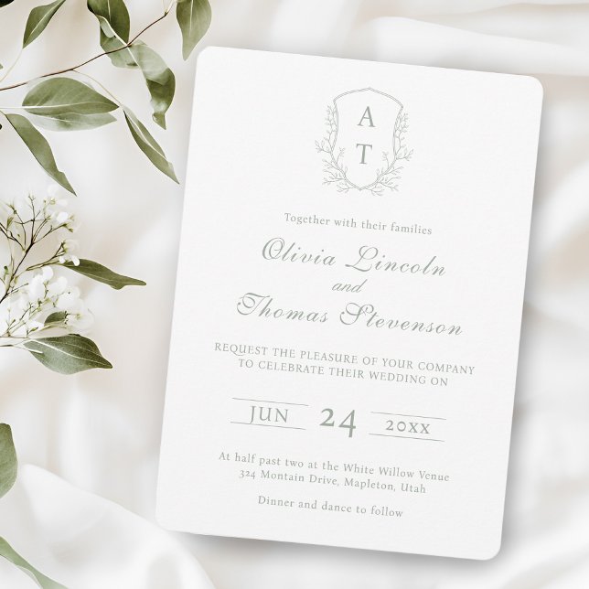 Crest Monogram Sage Green Wedding Invitation (Creator Uploaded)