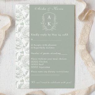 Crest Monogram Sage Green Wedding RSVP Card