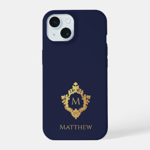 Crest Navy Blue Gold Monogram Name Vintage iPhone 15 Case