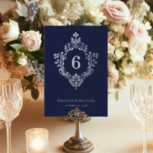 Crest Navy Blue Vintage Antique Elegant Wedding  Table Number