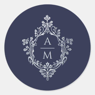 Crest Navy Blue Vintage Ornate 2 Initials Monogram Classic Round Sticker