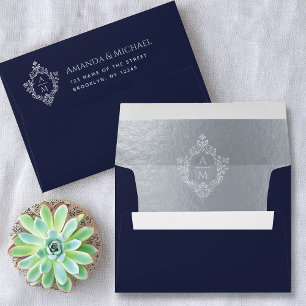 Crest Navy Blue Wedding Monogram Faux Silver Foil Envelope